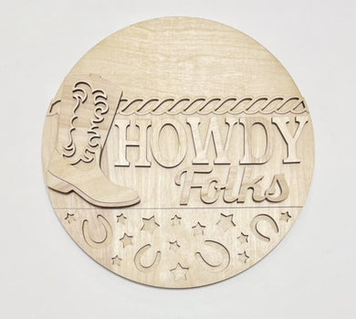 Howdy Folks Cowboy Boot Western Round Doorhanger