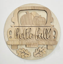 Hello Fall Truck Harvest Pumpkins Leaves Doorhanger 10"