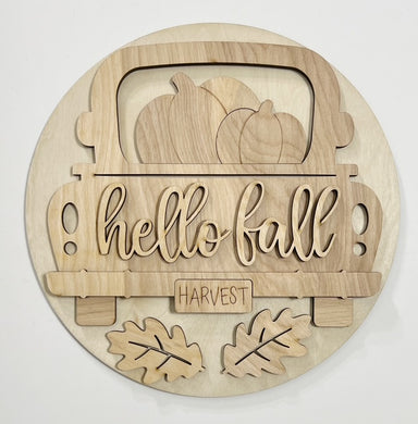 Hello Fall Truck Harvest Pumpkins Leaves Doorhanger 10