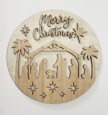 Merry Christmas Nativity Manger Silhouette Round Doorhanger