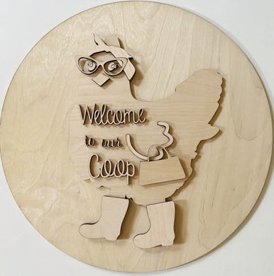 Welcome To Our Coop Chicken with Boots, Purse, & Glasses Round Doorhanger