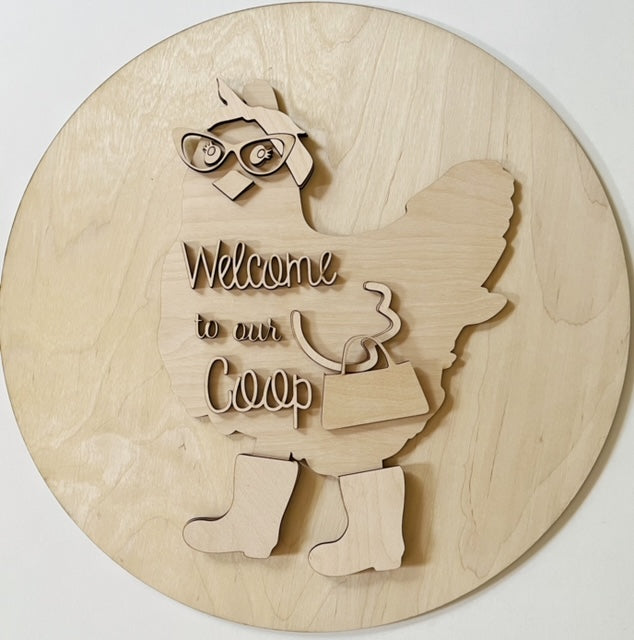 Welcome To Our Coop Chicken with Boots, Purse, & Glasses Round Doorhanger