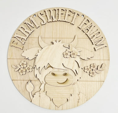 Farm Sweet Farm Highland Fluffy Cow With Flowers Round Doorhanger