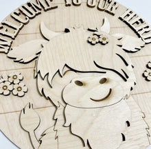 Welcome To Our Herd Highland Fluffy Cow With Flowers Round Doorhanger