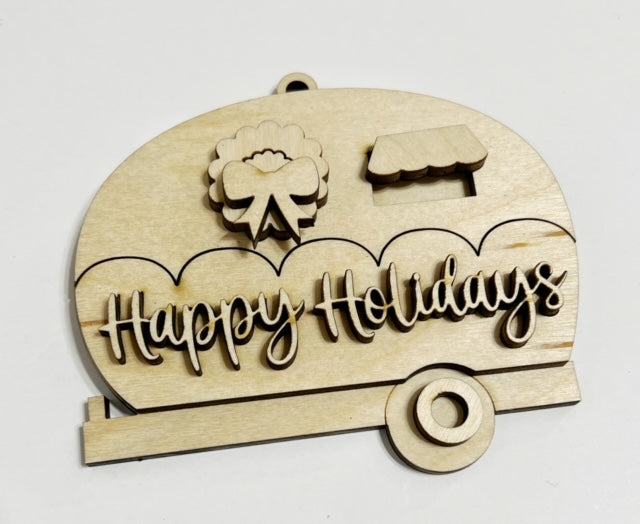 Happy holidays camper multi layered ornament sawdust swirls