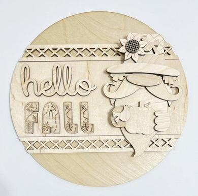 Hello Fall Sunflower Gnome Pumpkin Round Doorhanger