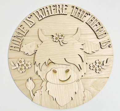 Home Is Where The Herd Is Highland Fluffy Cow With Flowers Round Doorhanger