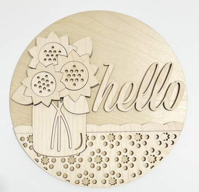 Hello Sunflowers Sunflower In Jar Fall Round Doorhanger