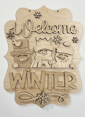 Welcome Winter Snowman Trio Doorhanger
