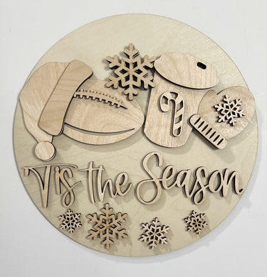 'Tis the Season Football Christmas Snowflakes Winter Round Doorhanger