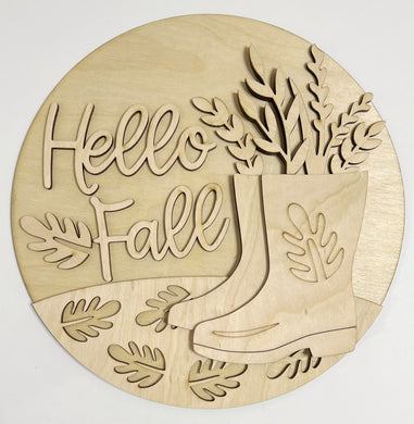 Hello Fall Leaves Boots Greenery Round Doorhanger