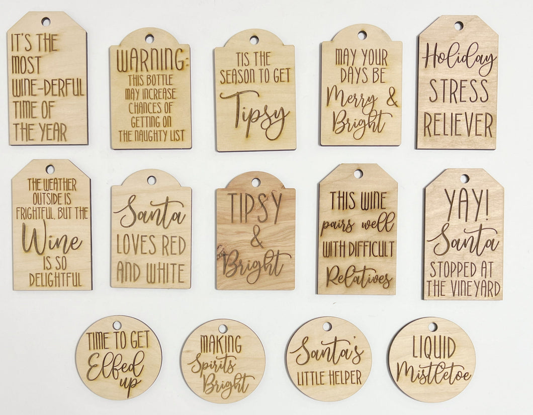 Set of 14 Engraved Christmas Wine Bottle Tag Ornament Charms Tags