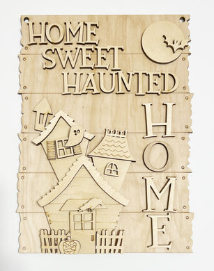 Home Sweet Haunted Home Spooky Halloween House Ghosts Bats Moon Rectangle Doorhanger