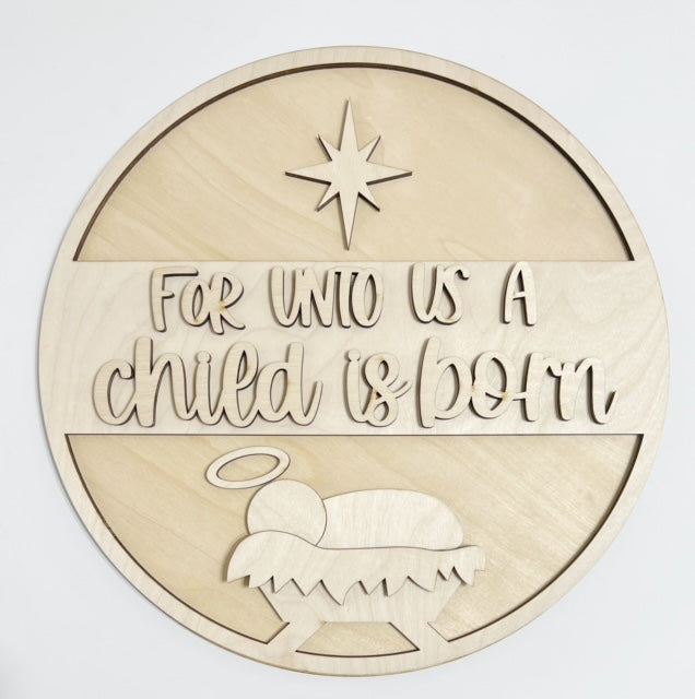 For Unto Us A Child Is Born Nativity Manger Round Doorhanger
