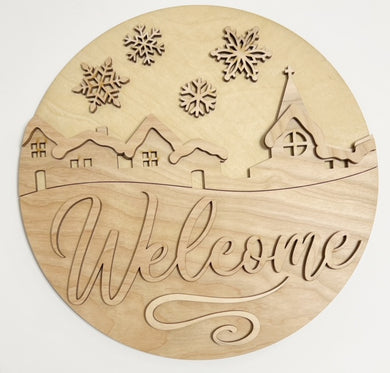 Welcome Winter Snow Village Round Doorhanger