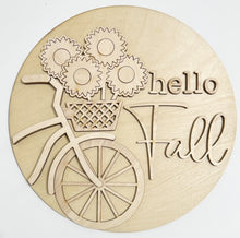 Hello Fall Flowers Bicycle Basket Round Doorhanger