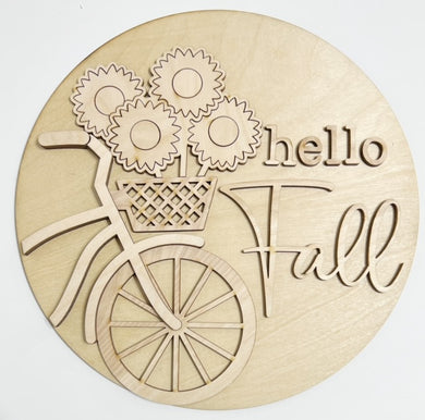 Hello Fall Flowers Bicycle Basket Round Doorhanger