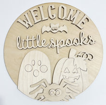 Welcome Little Spooks Halloween Pumpkin Ghost Spider Round Doorhanger