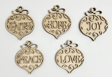Set of 5 Fancy Faith Hope Joy Peace Love Christmas Ornaments