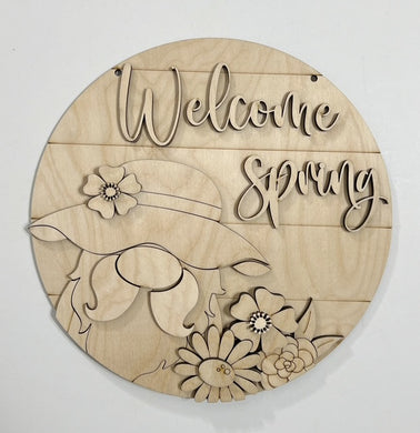 Welcome Spring Gnome with Flower Hat Bouquet of Flowers Round Doorhanger 10