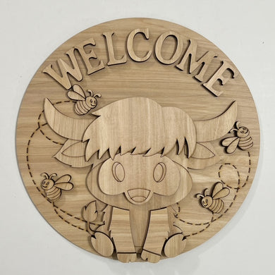 Welcome Highland Cow Bees Buzzing Spring Round Doorhanger 10