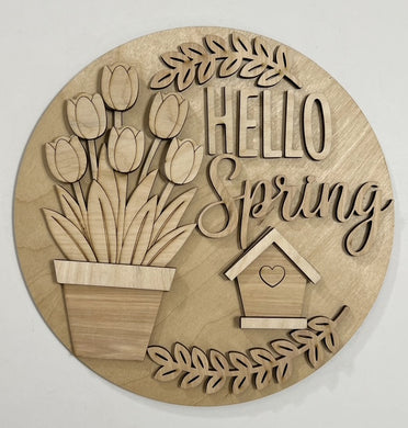 Hello Spring Pot of Tulips with Birdhouse Round Doorhanger 10