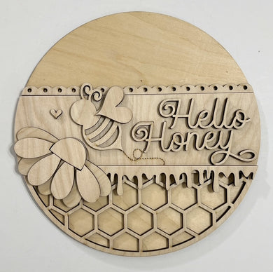 Hello Honey Spring Bee and Flowers Honeycomb Round Doorhanger 10