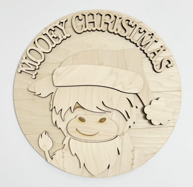 Mooey Christmas Highland Cow Round Doorhanger