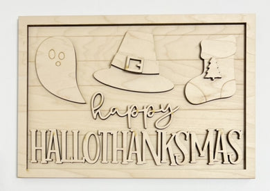 Happy HalloThanksMas Halloween Thanksgiving Christmas Horizontal Doorhanger