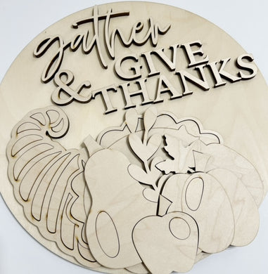 Gather & Give Thanks Cornucopia Fall Thanksgiving Round Doorhanger