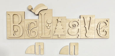 Chunky BELIEVE Block Shelf Sitter Christmas Trees and Santa Hat