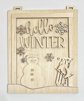 Hello Winter Snowman Sled Skates Snowflakes Rectangle Doorhanger