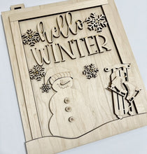 Hello Winter Snowman Sled Skates Snowflakes Rectangle Doorhanger