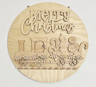 Merry Christmas Santa Christmas Toy Train Round Doorhanger