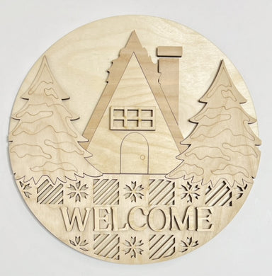 Welcome Cabin in Winter Christmas Trees Round Doorhanger