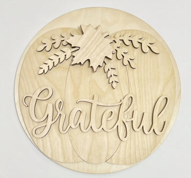 Grateful Large Pumpkin Silhouette Fall Harvest Round Doorhanger