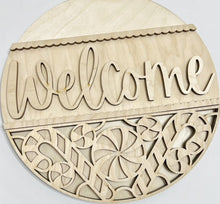 Welcome Peppermint Candy Cane Bottom Round Doorhanger