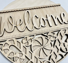 Welcome Peppermint Candy Cane Bottom Round Doorhanger