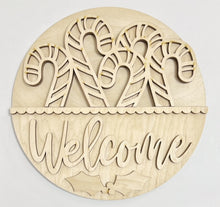 Welcome Candy Canes and Holly Leaves Scallop Round Doorhanger