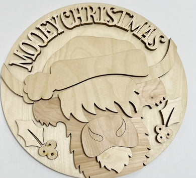 Mooey Christmas Highland Cow Holly Round Doorhanger