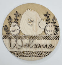 Welcome Easter Chick and Eggs with Geometric Border Round Doorhanger 10"