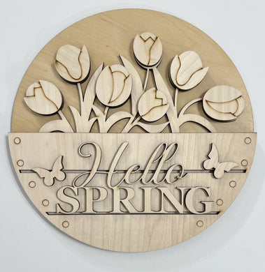 Hello Spring Basket with Tulips and Butterflies Round Doorhanger 10