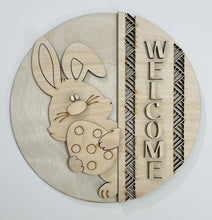 Welcome Easter Bunny with Egg Peaking Geometric Border Round Doorhanger 10"