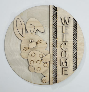 Welcome Easter Bunny with Egg Peaking Geometric Border Round Doorhanger 10