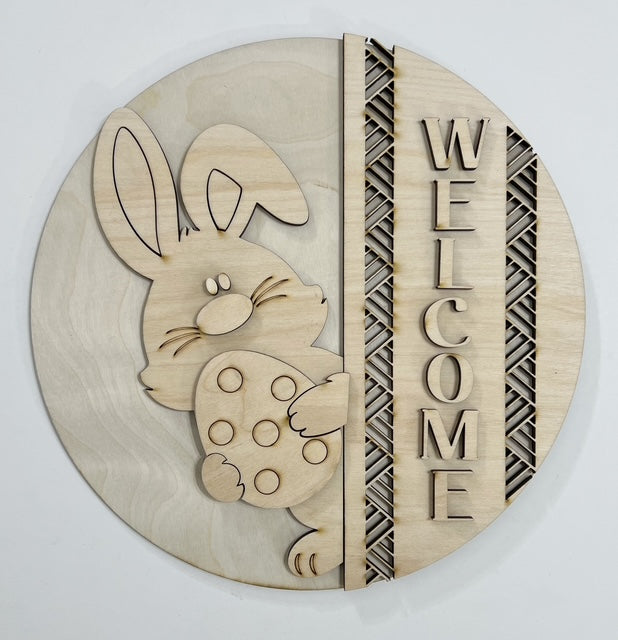 Welcome Easter Bunny with Egg Peaking Geometric Border Round Doorhanger 10