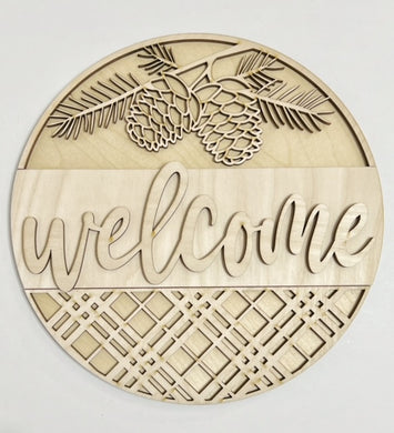 Double Pinecone Welcome Plaid Round Doorhanger