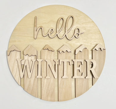 Hello Winter Snowfall On A Fence Round Doorhanger