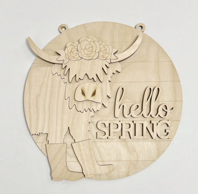 Hello Spring Highland Cow With Boots and Flowers Round Doorhanger