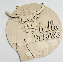 Hello Spring Highland Cow With Boots and Flowers Round Doorhanger