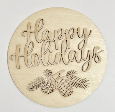 Happy Holidays Pinecone Sprig Pine Round Doorhanger